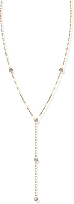 14K Gold Plated Drop Lariat Chain for Women - Gold Cubic Zirconia Long Necklace - Station Star Layered Beaded Y Necklace