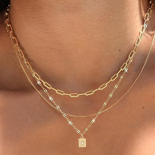 Layered Gold Necklaces for Women Trendy, 3 Pcs 14K Gold Plated Choker Paperclip Box Chain Necklace, Stackable Women's Gold Pendant Necklaces Jewelry Set