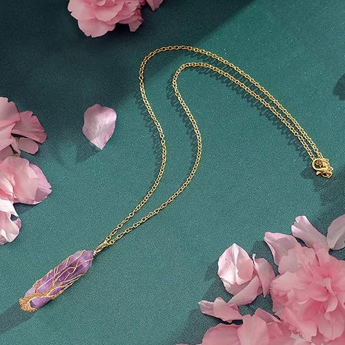 Healing Crystal Necklace Tree of Life Wire Wrapped Natural Stone Point Pendant Necklace Hexagonal Reiki Spiritual Quartz Gemstone Jewelry for Women Men